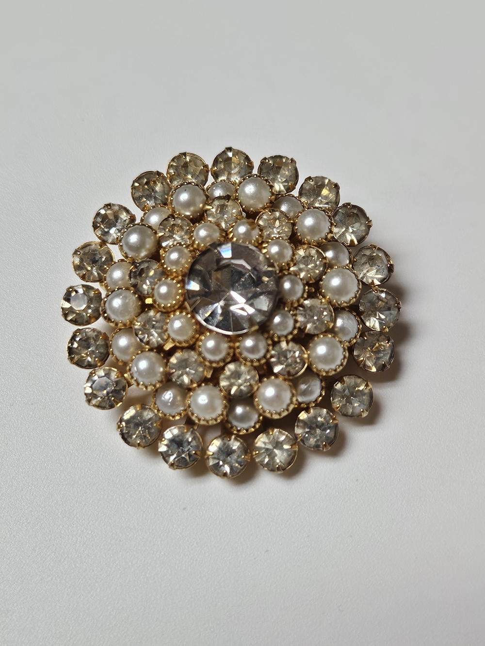 1960s Gold Pearl and Crystal Cluster Brooch - Signed Judy Lee